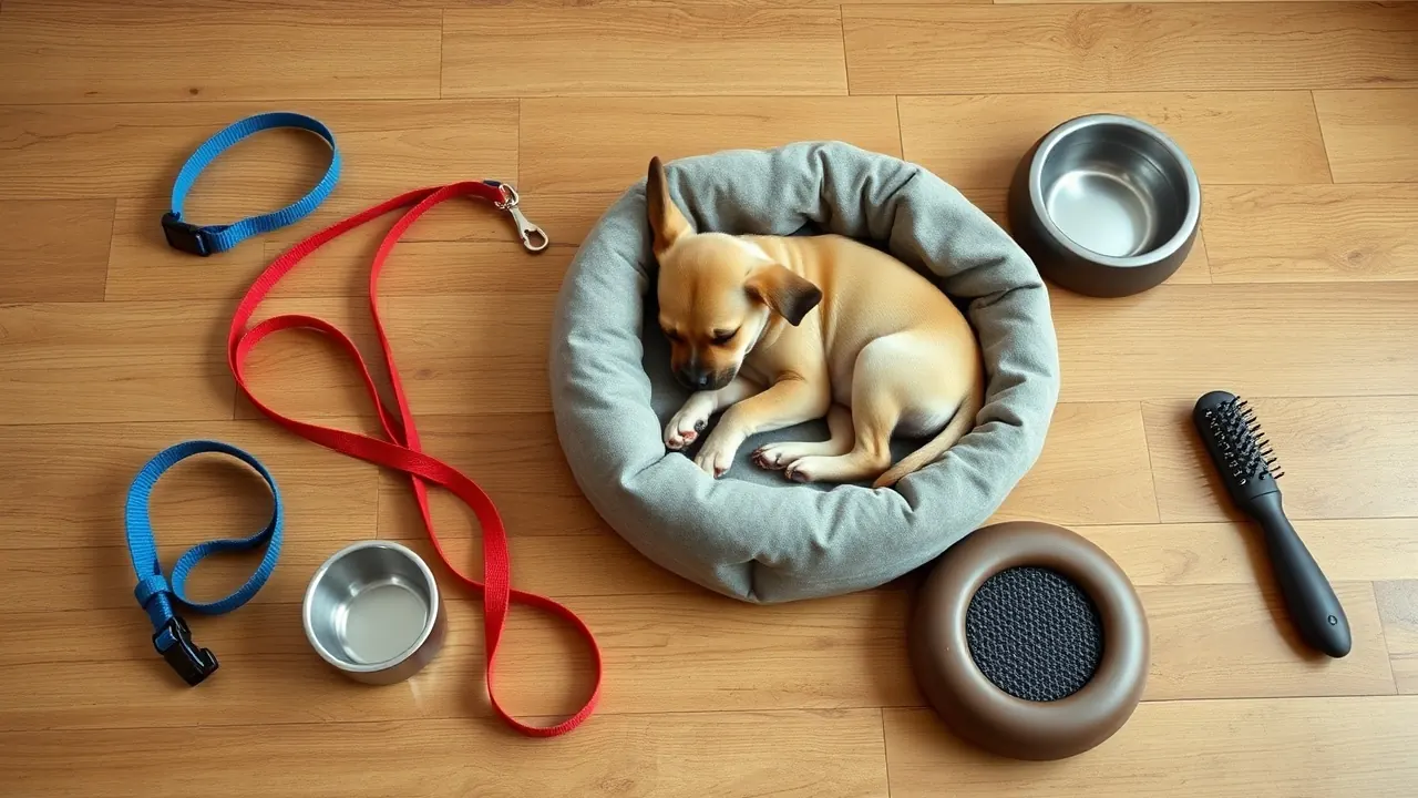 Fawn puppy asleep in a round bed with collar, leash, bowls and brush from a first year puppy cost list