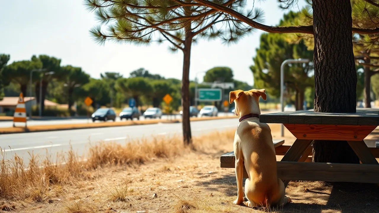 Chien croisé fauve assis seul à l'ombre d'un pin sur une aire d'autoroute en Provence en plein été