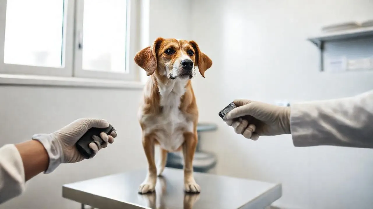 Chien croisé brun et blanc sur une table d'examen d'une clinique vétérinaire, un lecteur de puce électronique près de son épaule