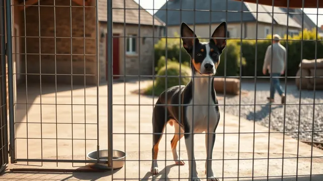Chien croisé noir et blanc debout derrière la porte ouverte d'un box de refuge à la campagne en Bretagne, un matin d'été