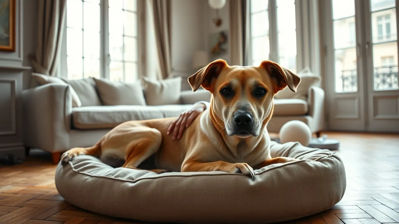 Vieux chien croisé au museau grisonnant couché sur un coussin dans un appartement parisien, une main posée sur son dos