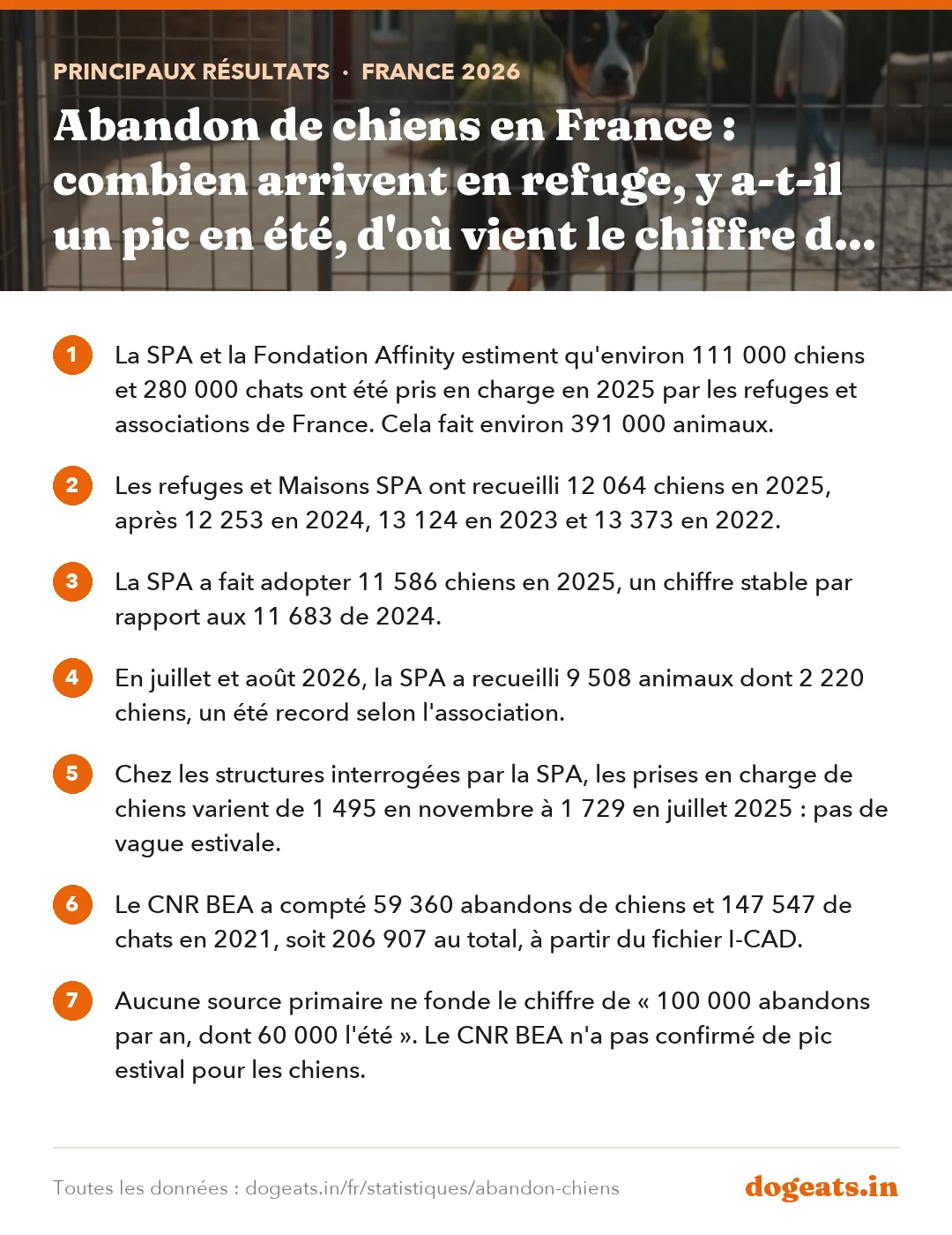 Principaux résultats : Abandon de chiens en France : combien arrivent en refuge, y a-t-il un pic en été, d'où vient le chiffre de 100 000 (2016 à 2026)