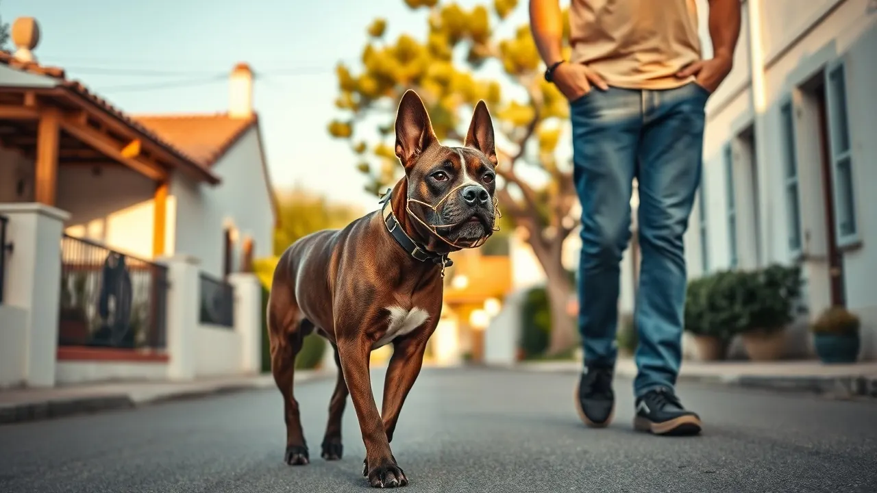 Chien de type staffordshire bringé, muselé et tenu en laisse courte dans une rue résidentielle de Provence