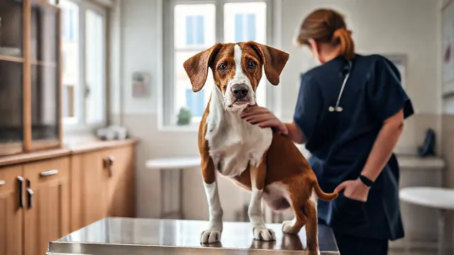 Chien de type épagneul breton debout sur la table d'examen d'une clinique vétérinaire, une vétérinaire de dos pose la main sur son dos