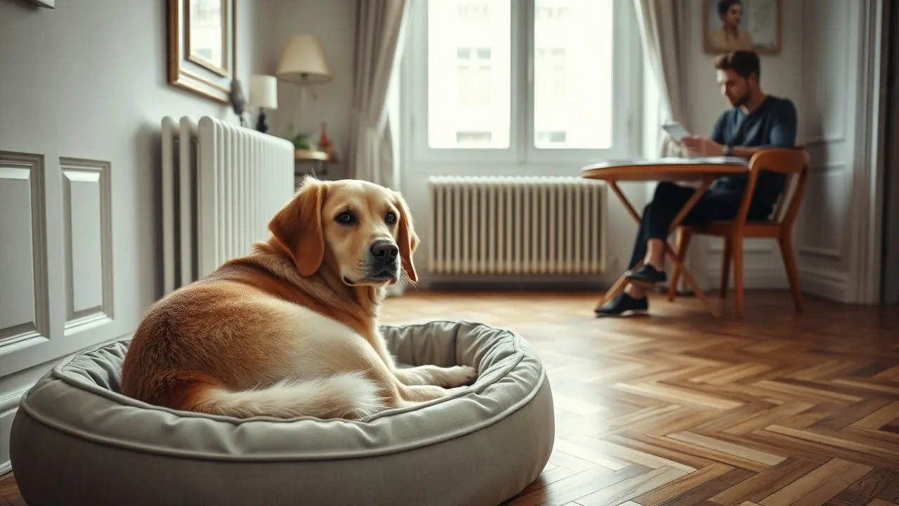 Chien croisé doré allongé sur son panier avec un bandage à une patte arrière, dans un appartement parisien au parquet en chevrons