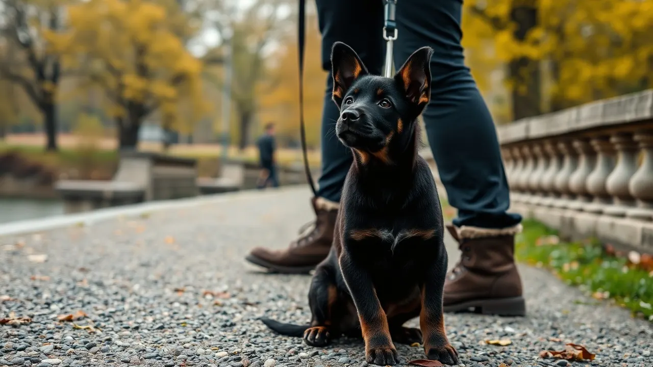 Chiot noir et feu assis en laisse sur une allée de gravier d'un parc lyonnais en automne