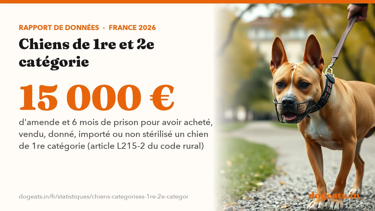 15 000 € d'amende et 6 mois de prison pour avoir acheté, vendu, donné, importé ou non stérilisé un chien de 1re catégorie (article L215-2 du code rural)