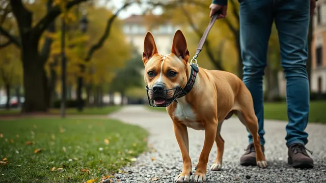 Chien de type American Staffordshire terrier fauve, muselé et tenu en laisse courte, dans une allée de parc à Lyon