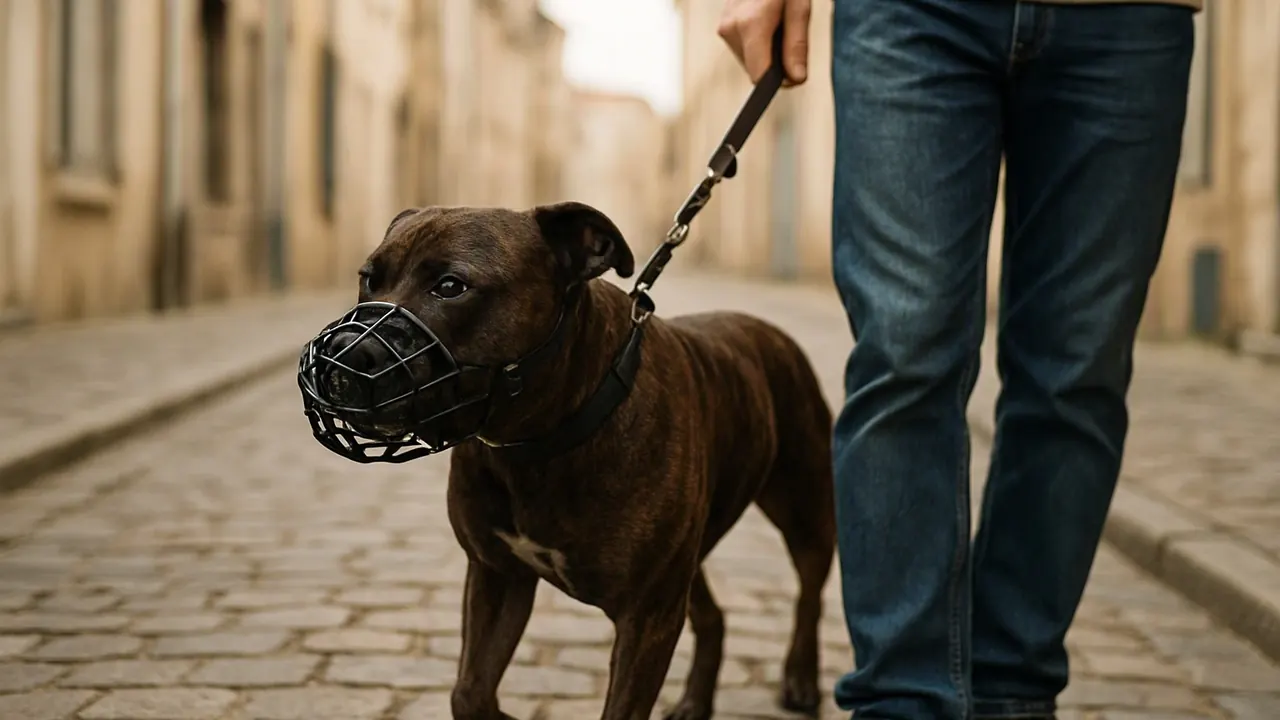 Chien bringé de type Staffordshire, muselé et en laisse, marchant avec son maître dans une rue pavée