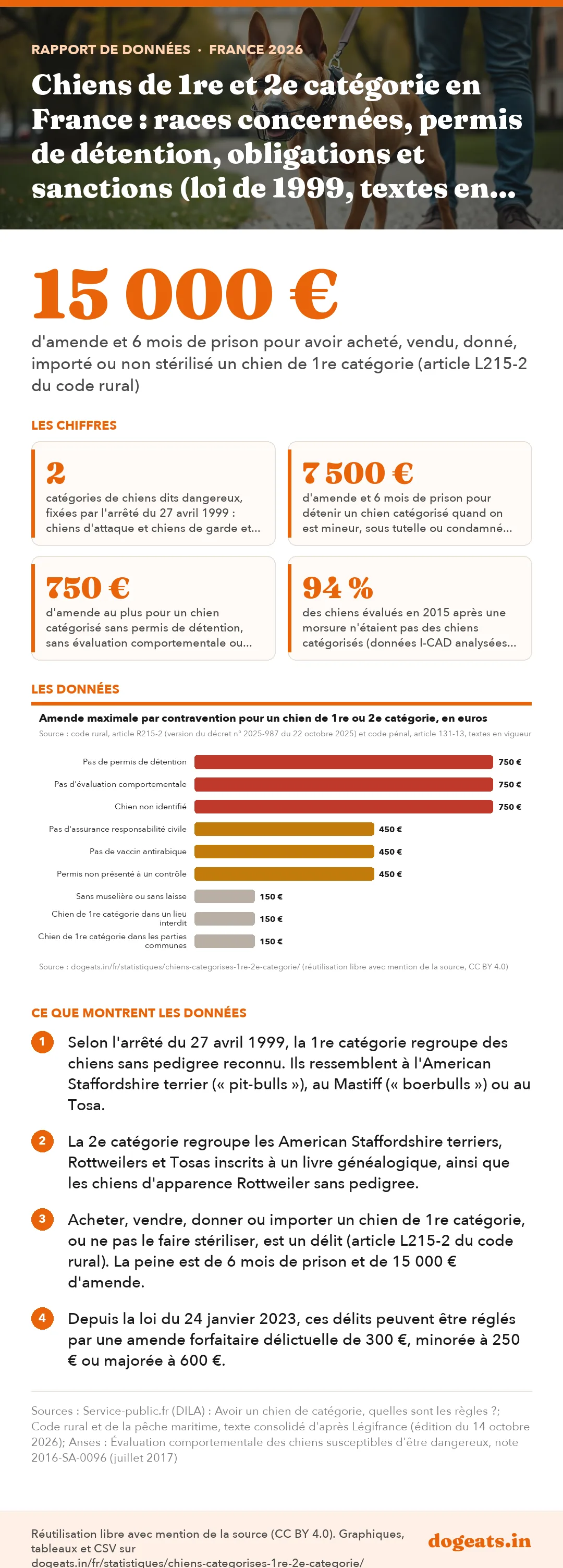 Infographie : Chiens de 1re et 2e catégorie en France : races concernées, permis de détention, obligations et sanctions (loi de 1999, textes en vigueur en 2026)