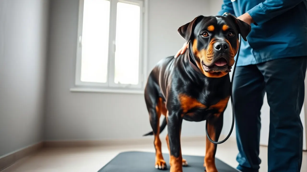 Rottweiler calme debout sur le tapis d'examen d'une clinique vétérinaire, mains d'un vétérinaire avec un stéthoscope