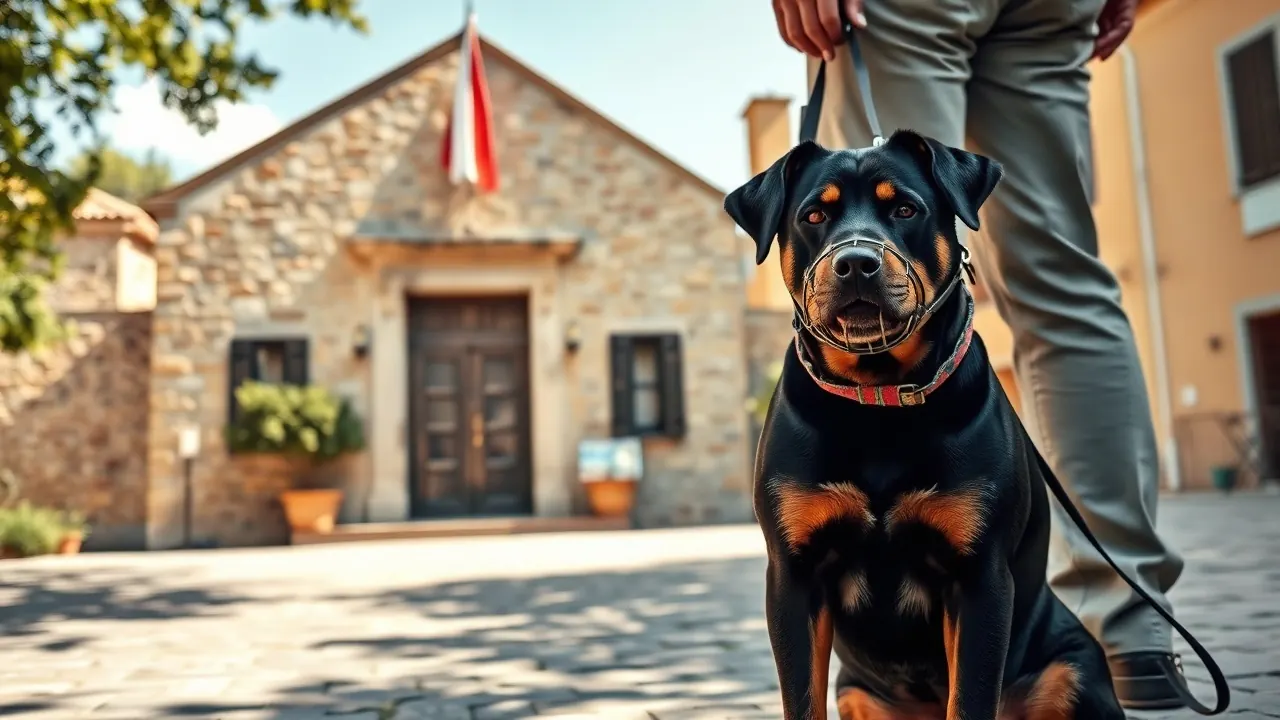 Rottweiler muselé assis en laisse devant la façade en pierre d'une mairie de village provençal
