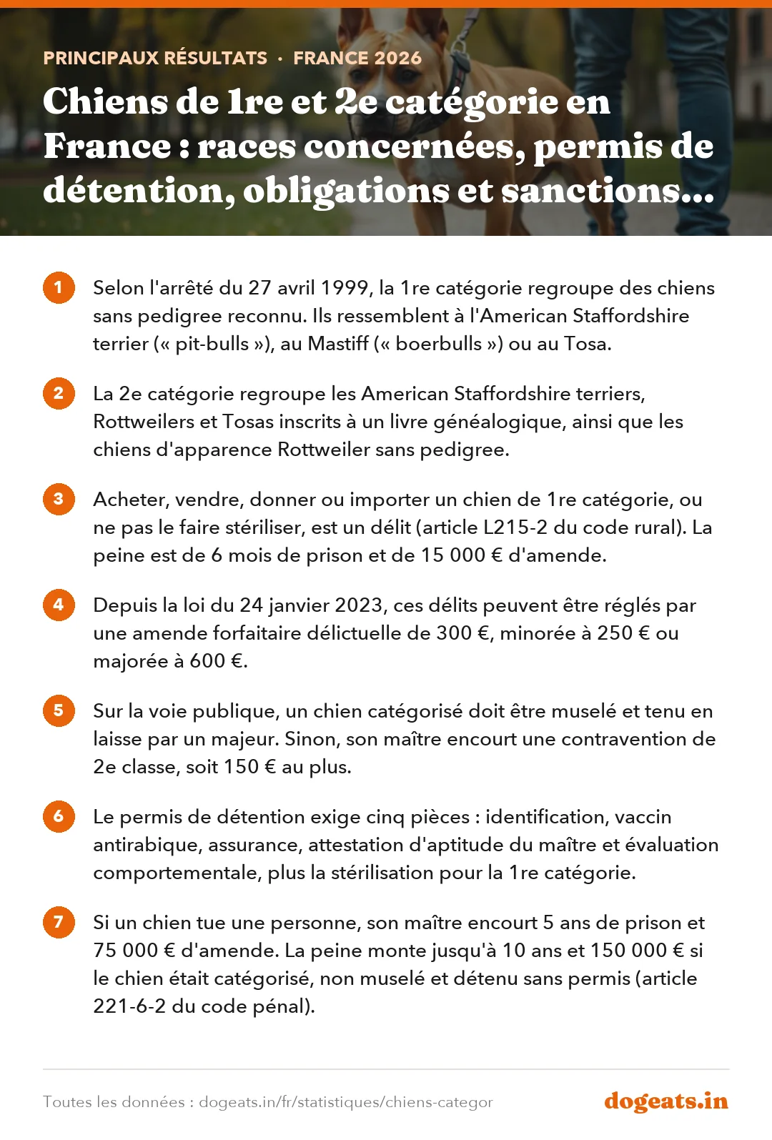 Principaux résultats : Chiens de 1re et 2e catégorie en France : races concernées, permis de détention, obligations et sanctions (loi de 1999, textes en vigueur en 2026)