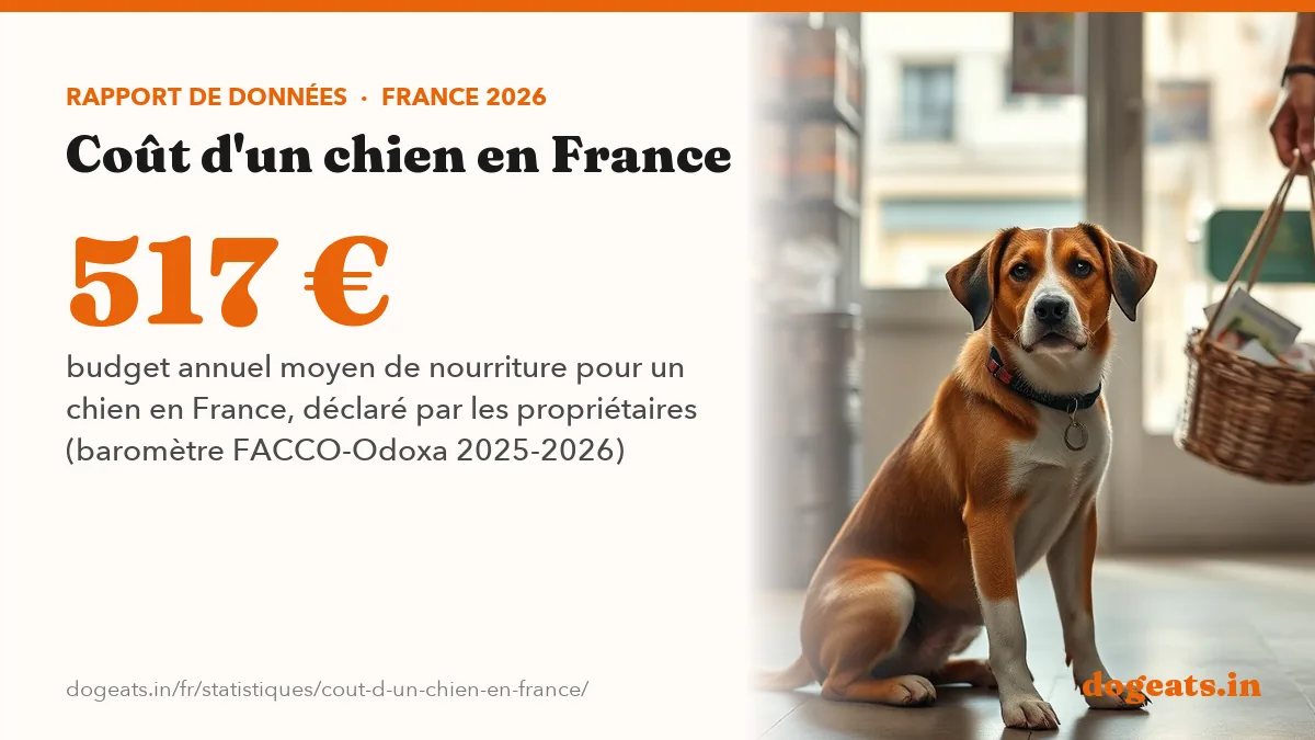 517 € budget annuel moyen de nourriture pour un chien en France, déclaré par les propriétaires (baromètre FACCO-Odoxa 2025-2026)