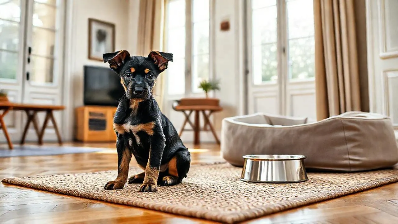 Chiot noir et feu assis sur un tapis dans un appartement parisien, à côté d'un panier neuf et d'une gamelle en inox