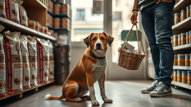 Chien brun et blanc assis en laisse dans une petite boutique d'animalerie à Lyon, devant des rayons de sacs de croquettes sans marque
