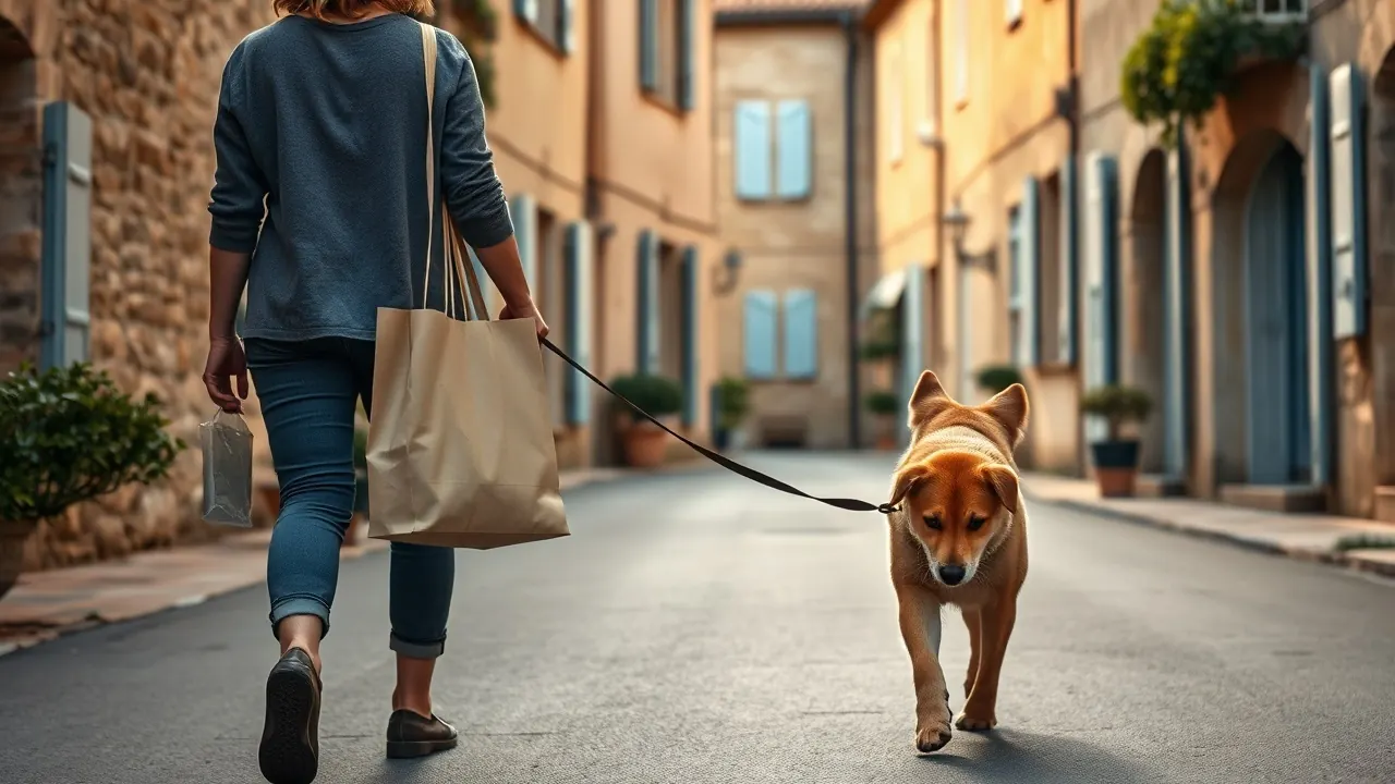 Femme vue de dos promenant en laisse un chien couleur sable dans une rue de village provençal aux volets bleus