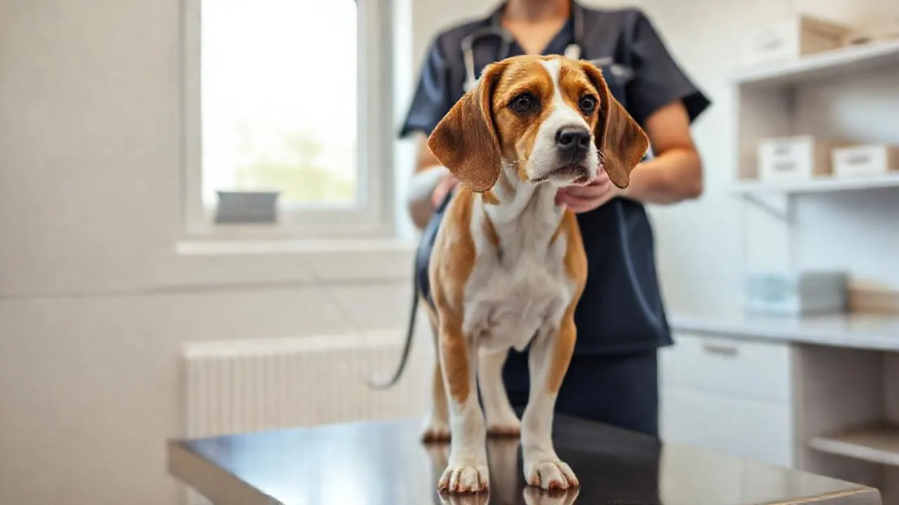 Beagle debout sur une table d'examen dans une clinique vétérinaire bretonne, ausculté au stéthoscope par une vétérinaire dont on ne voit pas le visage