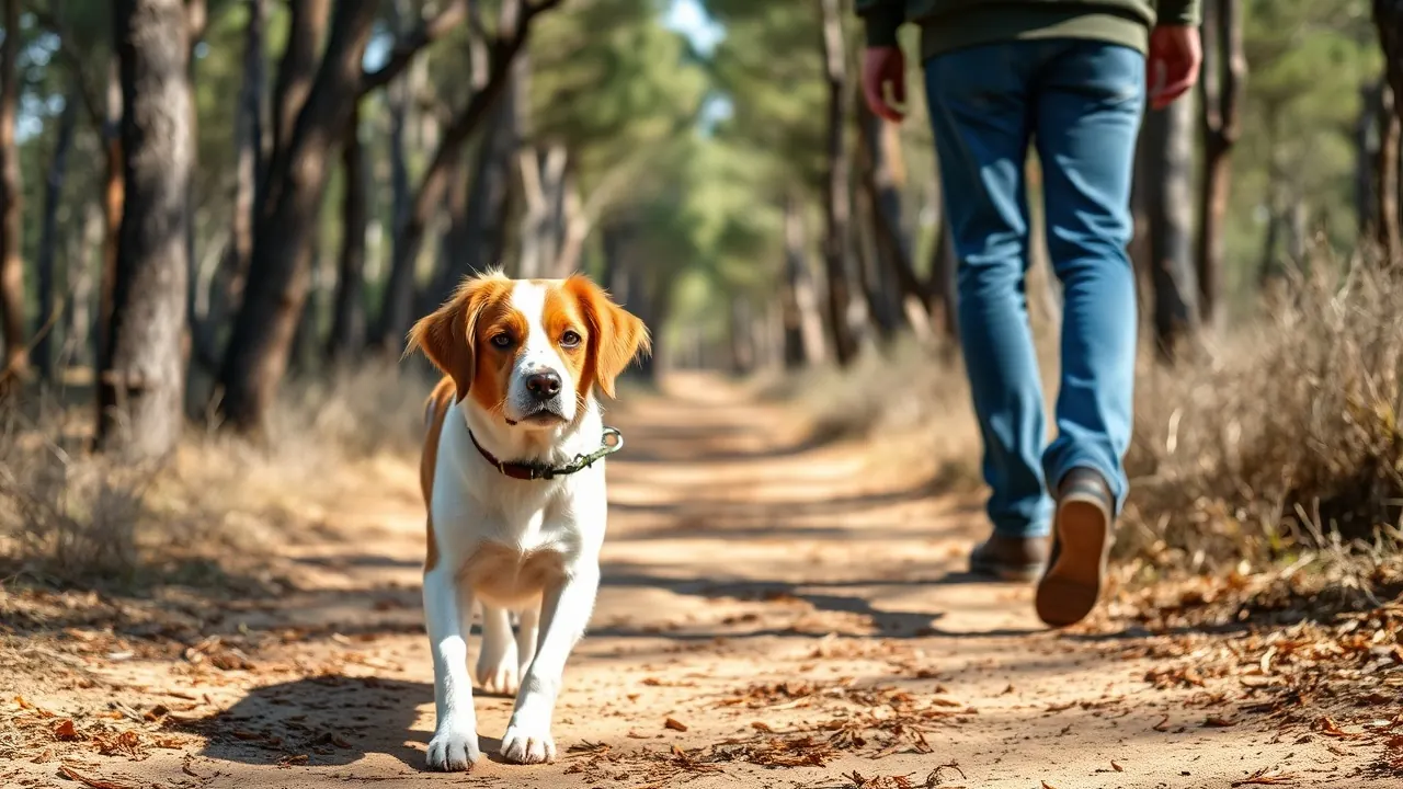 Chien blanc et orange tenu en laisse courte sur un chemin de pinède en Provence au début du printemps