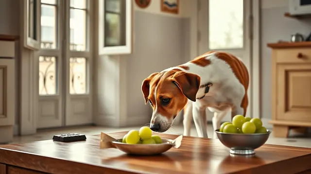 Chien brun et blanc qui renifle une tablette de chocolat noir et un bol de raisin posés sur une table basse dans une cuisine lyonnaise