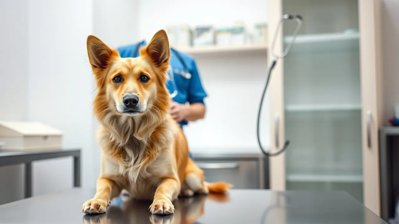 Chien au pelage doré assis sur la table d'examen d'une clinique vétérinaire bretonne, vétérinaire en tunique bleue vu de dos