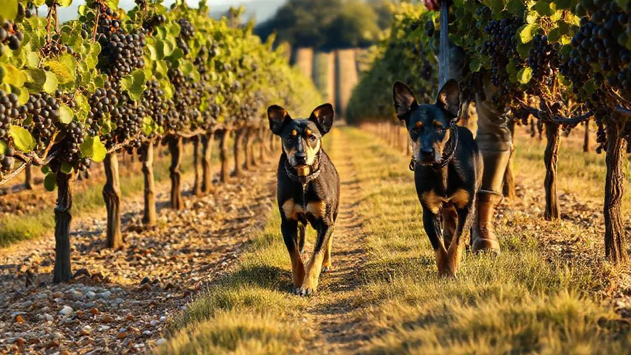 Jeune chien noir et feu tenu en laisse sur un chemin entre des rangs de vigne chargés de grappes en Bourgogne