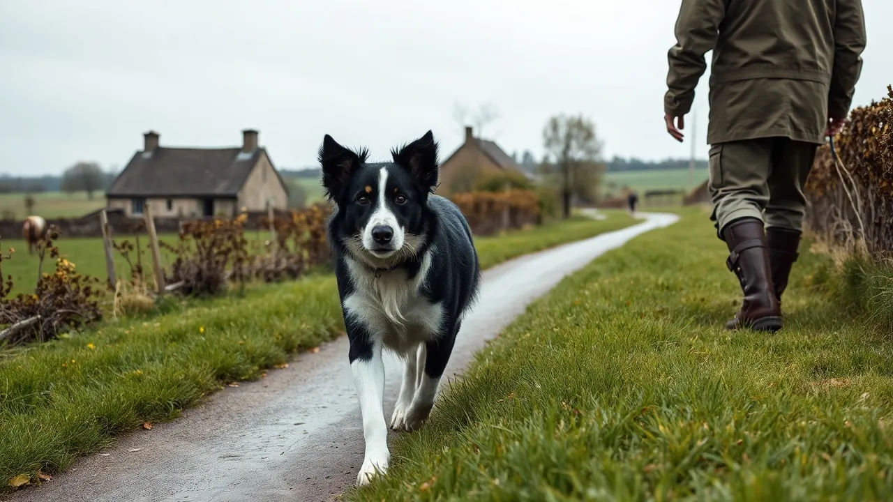 Chien de type Border Collie noir et blanc trottant le long d'un chemin de campagne bordé de haies, près d'une ferme en granit