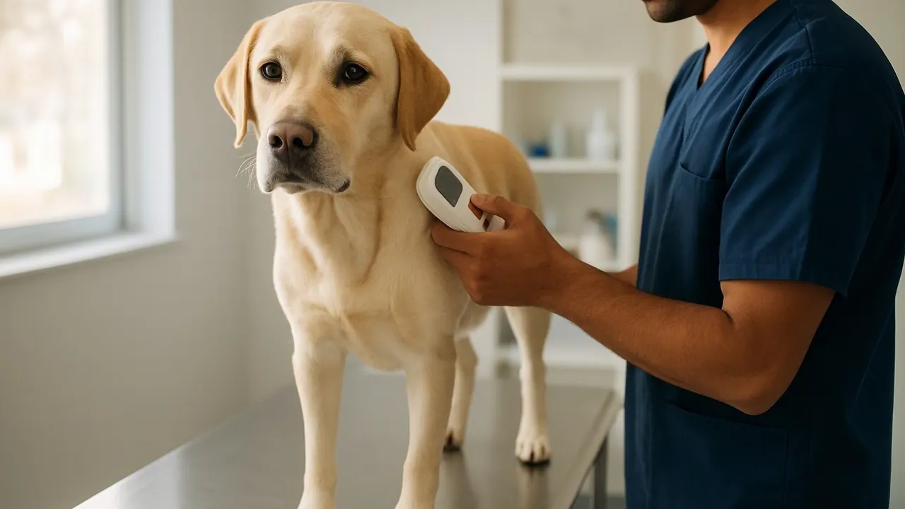 Vétérinaire vu de profil passant un lecteur de puce près du cou d'un Labrador beige sur une table d'examen
