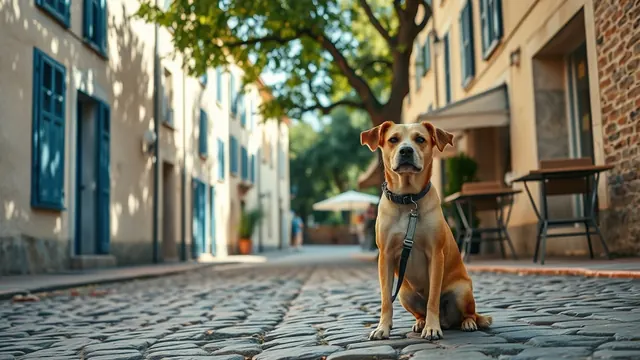 Chien croisé au pelage fauve assis sur le trottoir d'une rue pavée de village provençal, à côté d'une terrasse de café