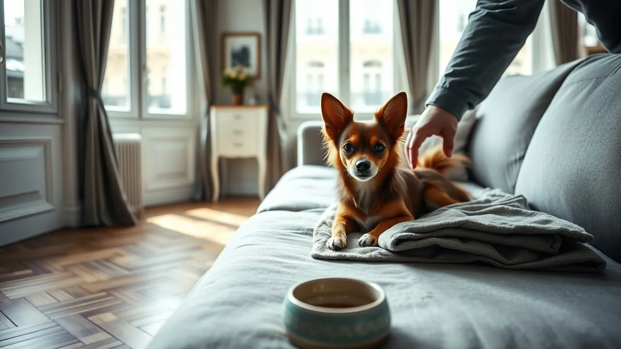Petit Chihuahua aux oreilles dressées couché sur un plaid dans un salon parisien au parquet en chevrons