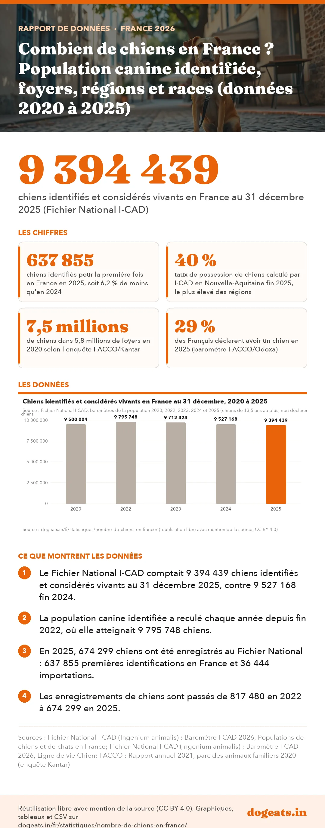 Infographie : Combien de chiens en France ? Population canine identifiée, foyers, régions et races (données 2020 à 2025)