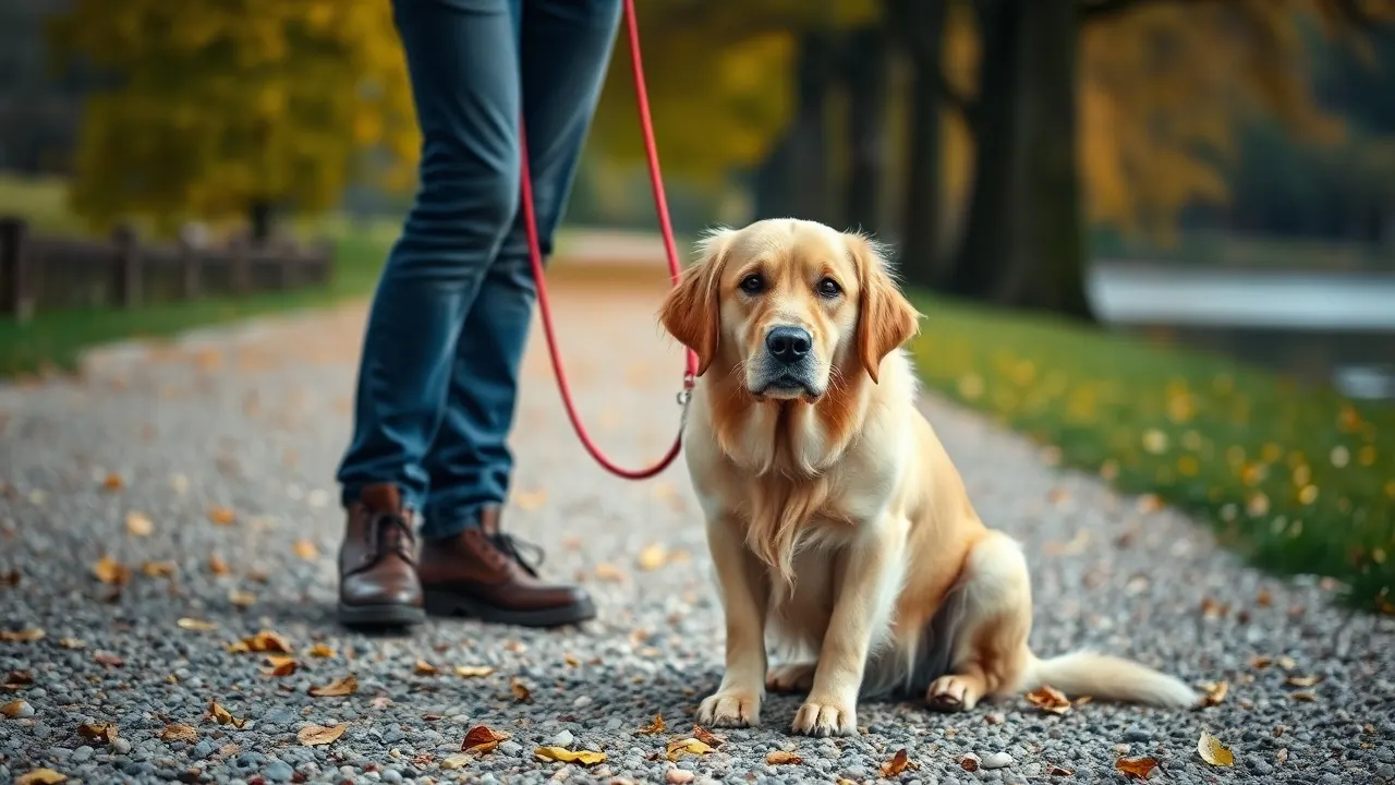Golden retriever assis sur une allée couverte de feuilles mortes dans un parc lyonnais, en laisse à côté de son maître