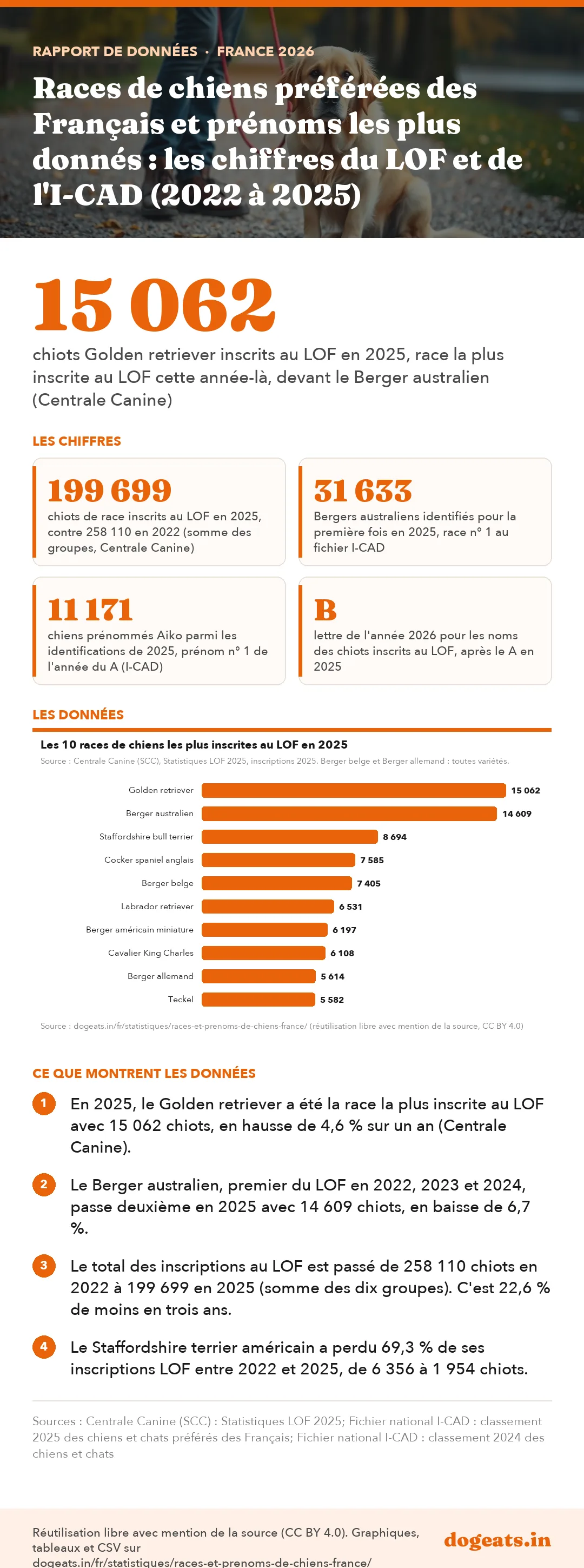 Infographie : Races de chiens préférées des Français et prénoms les plus donnés : les chiffres du LOF et de l'I-CAD (2022 à 2025)