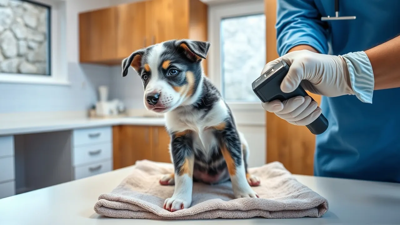 Chiot Berger australien bleu merle assis sur une table d'examen pendant la lecture de sa puce par un vétérinaire