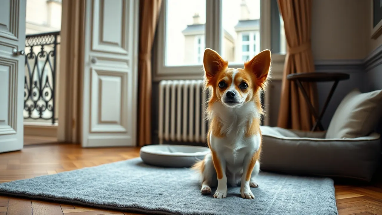 Chihuahua à poil long assis sur un tapis gris dans un appartement haussmannien parisien au parquet en chevrons