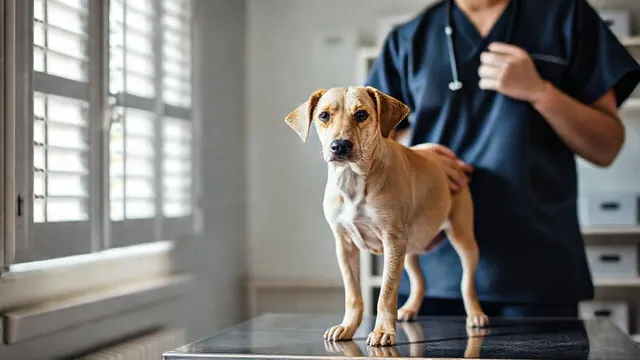 Chien beige à poils courts debout sur une table d'examen pendant qu'un vétérinaire, vu de dos, l'ausculte dans une clinique