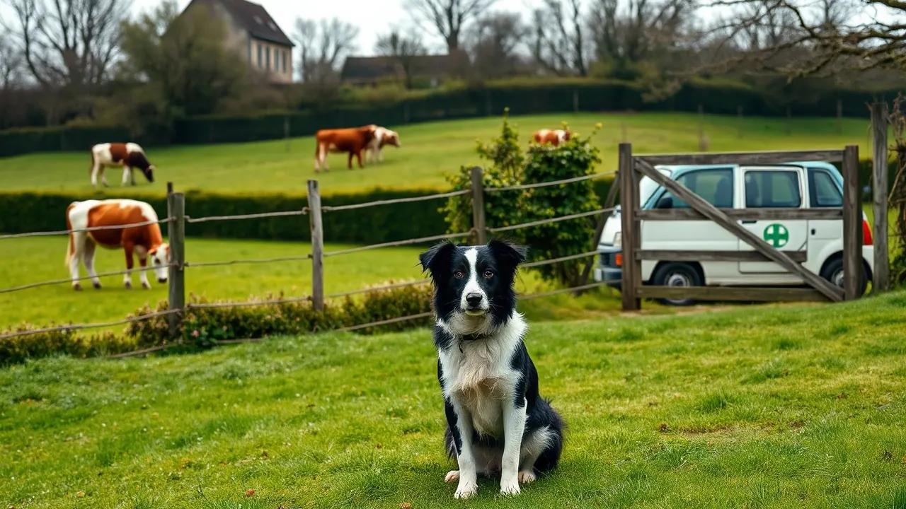 Pâturages normands avec des vaches, une petite voiture blanche garée près d'une barrière et un chien de ferme noir et blanc assis dans l'herbe