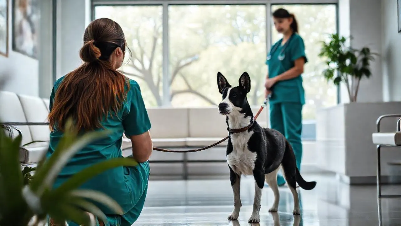 Vétérinaire en tenue turquoise, vue de dos, accroupie devant un chien noir et blanc tenu en laisse dans une salle d'attente lumineuse