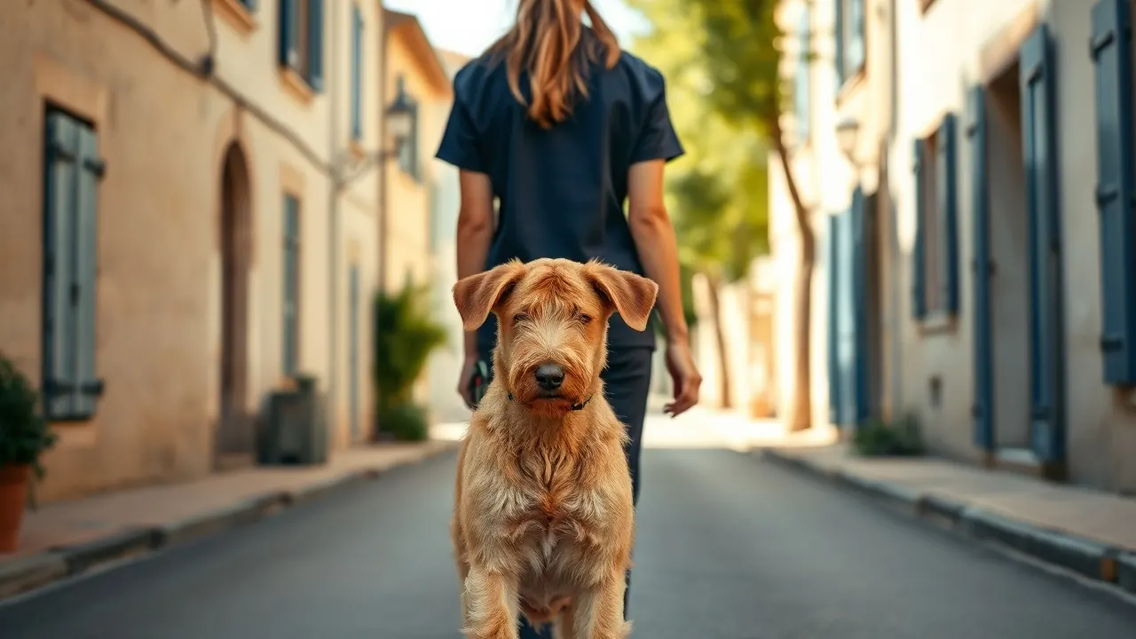 Vétérinaire vue de dos marchant avec un chien au pelage doré dans une rue ensoleillée d'un village de Provence