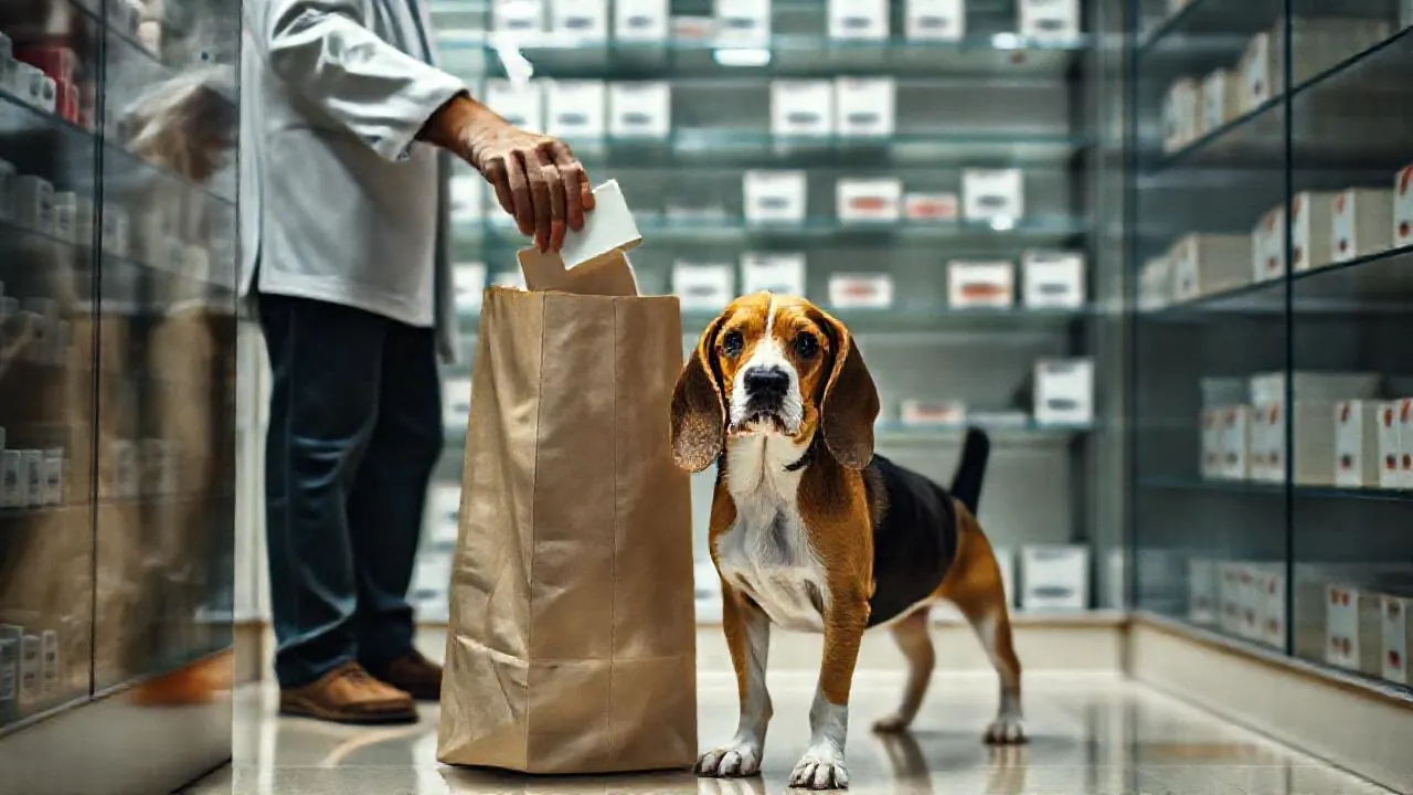 A beagle waits while a pharmacist bags a medicine box, which pays 5% while GST on pet food stays 18%