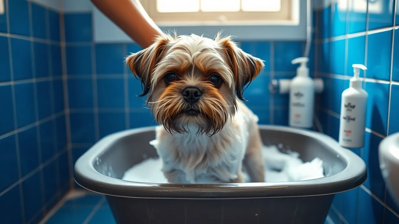 A wet Shih Tzu stands in shampoo foam in a bathroom, as GST on pet grooming products is mostly 18%