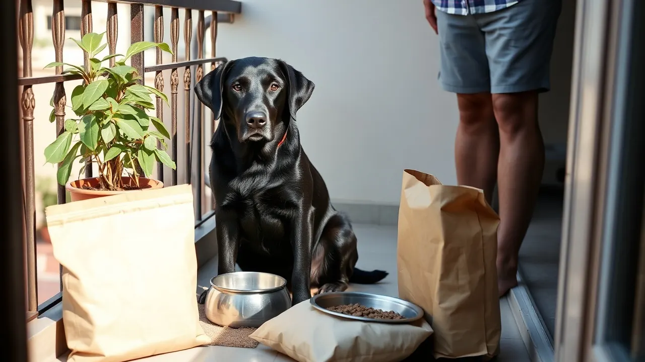A black Labrador sits by a steel bowl and an open kibble bag, which pays 18% GST on pet food