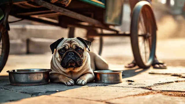 A fawn Pug rests in the shade beside a steel water bowl on a hot Indian street in summer