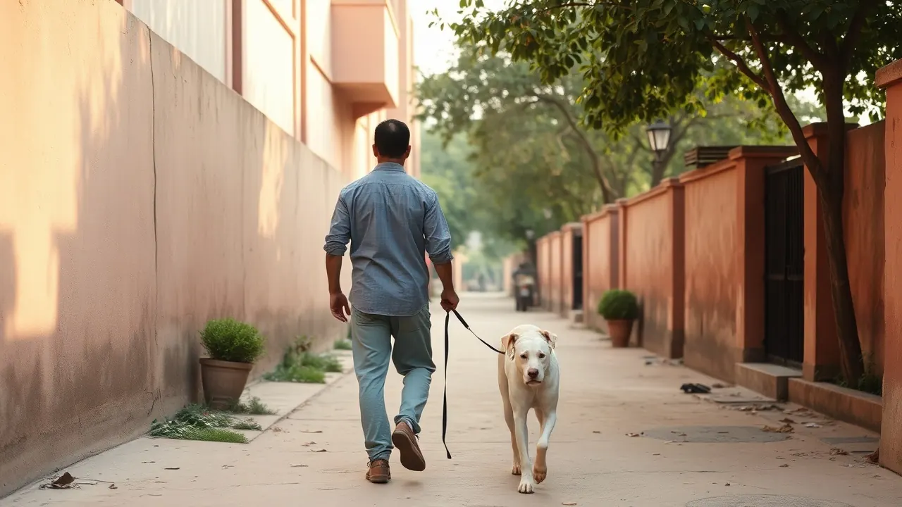 A cream Labrador walks on a leash along the shaded side of a sandstone lane in Jaipur at dawn