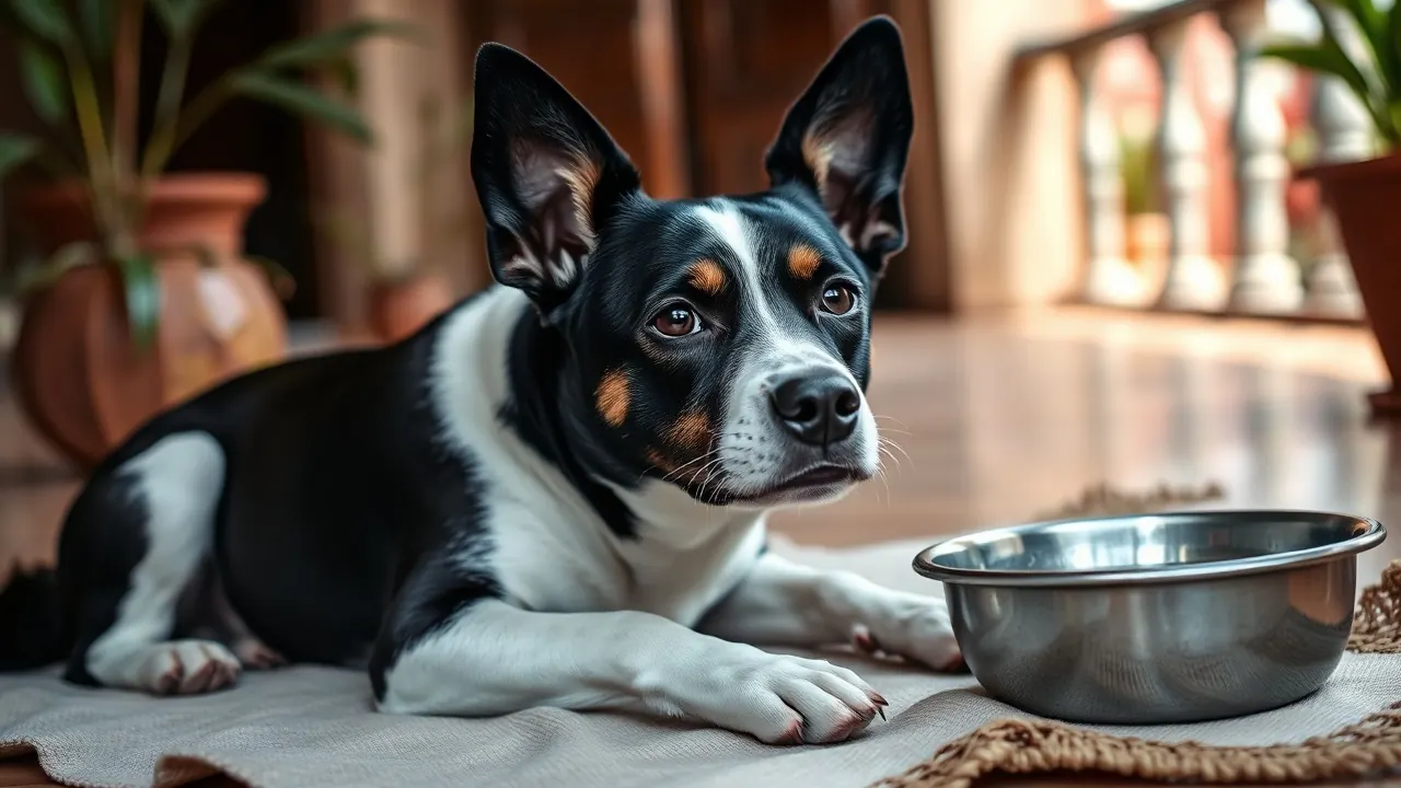 A calm black and white indie dog with clear eyes rests on a mat, safe from Holi colours