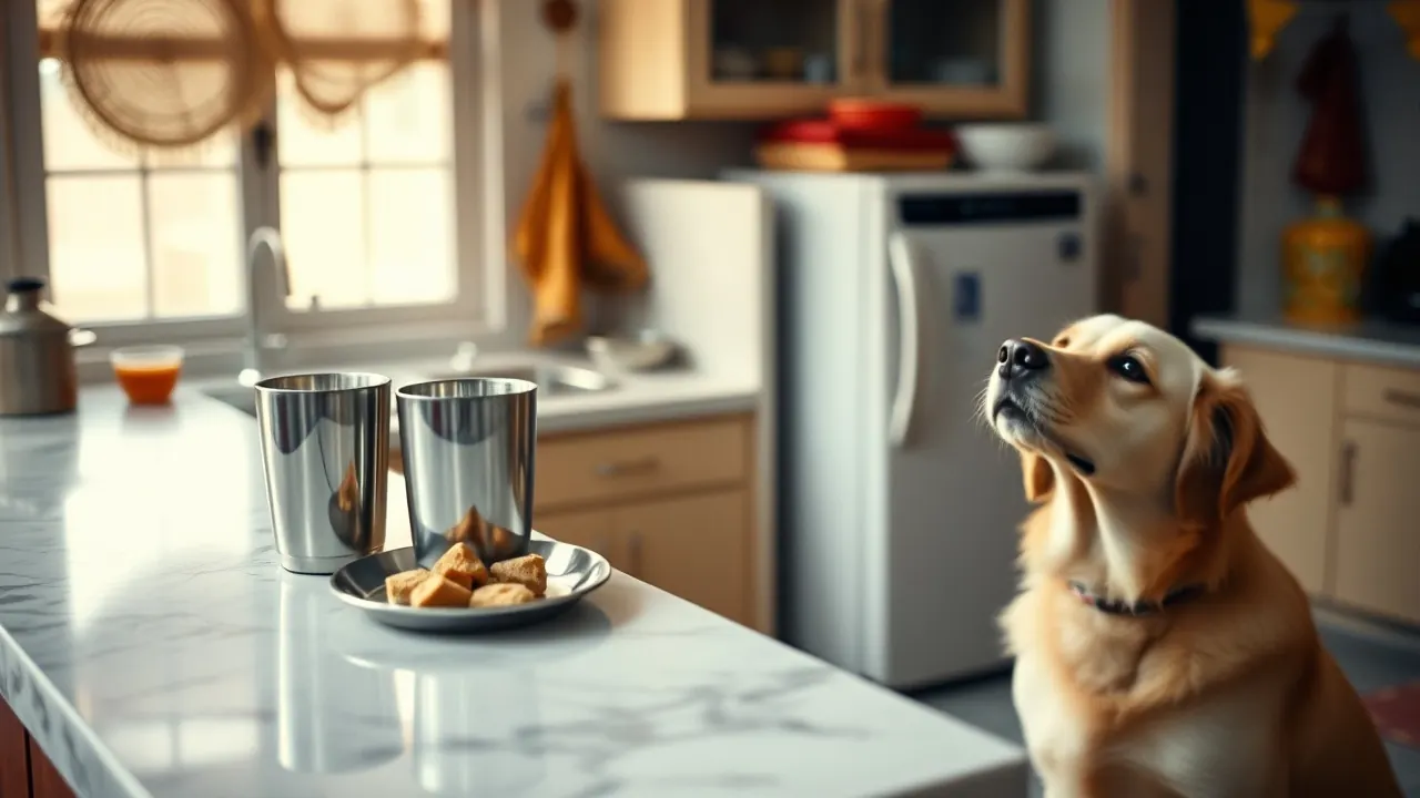 A golden indie dog sits below a counter of thandai and sweets, kept apart from Holi colours and bhang
