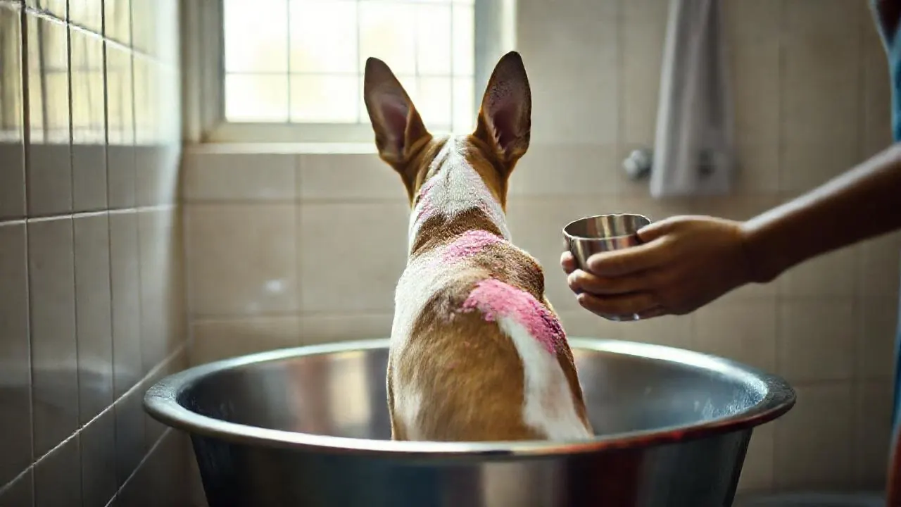 Hands rinse pink Holi colours off an indie dog's back in a steel tub in a tiled bathroom