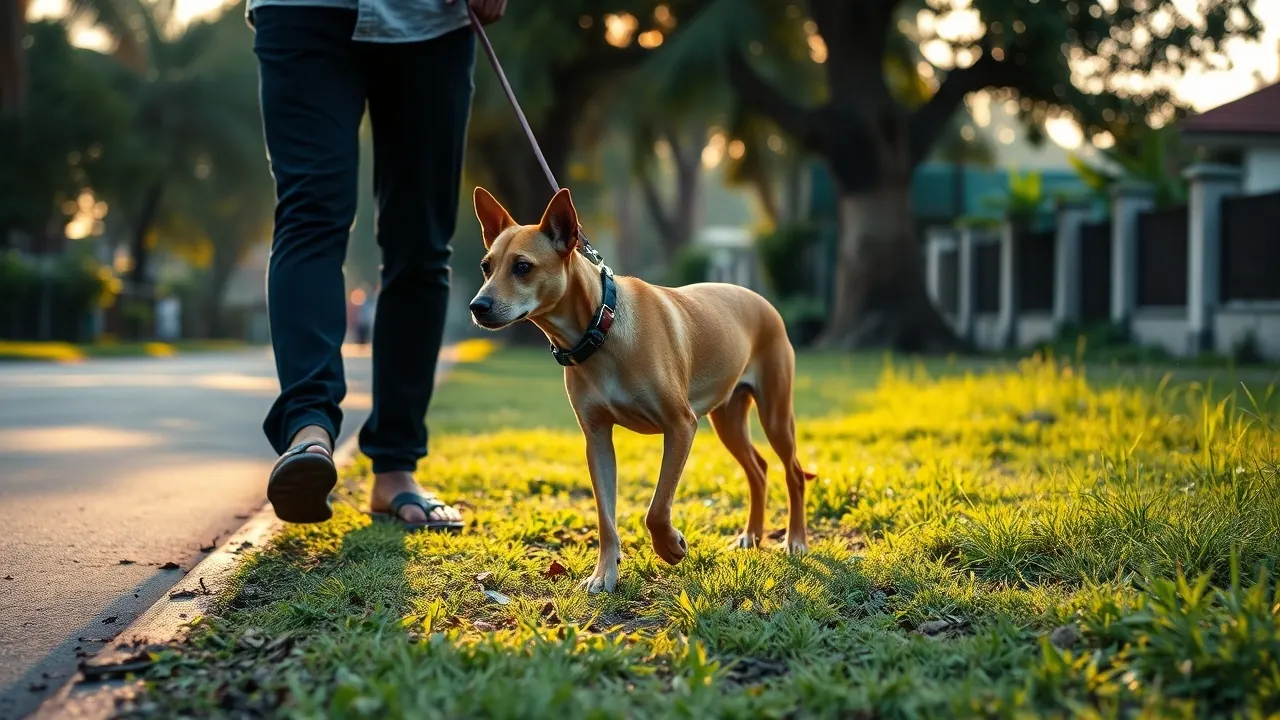 An Indian dog walked on grass at sunrise, avoiding hot pavement, showing how hot is too hot for dogs