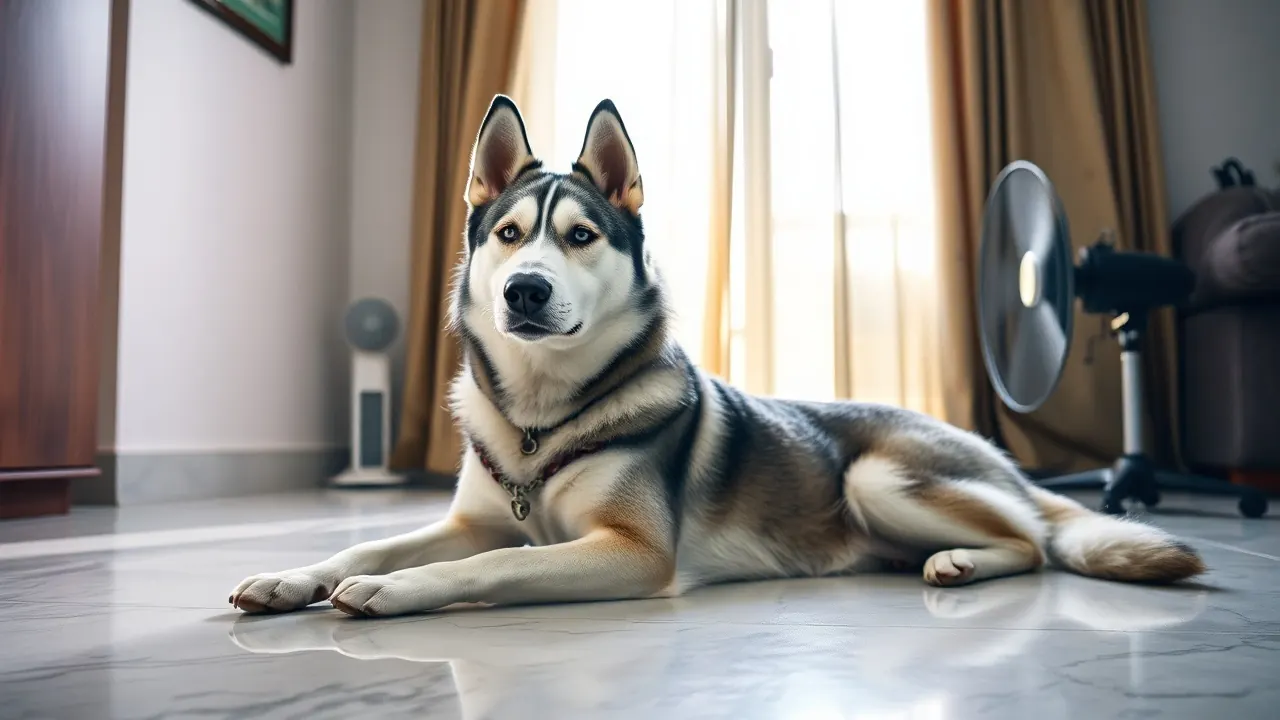 A thick-coated Siberian Husky on a cool marble floor indoors, a reminder of how hot is too hot for dogs
