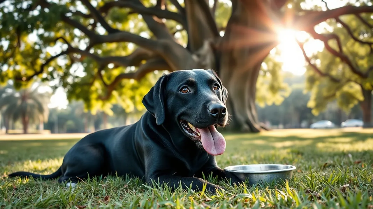 A Labrador resting in the shade of a banyan tree, showing how hot is too hot for dogs outdoors